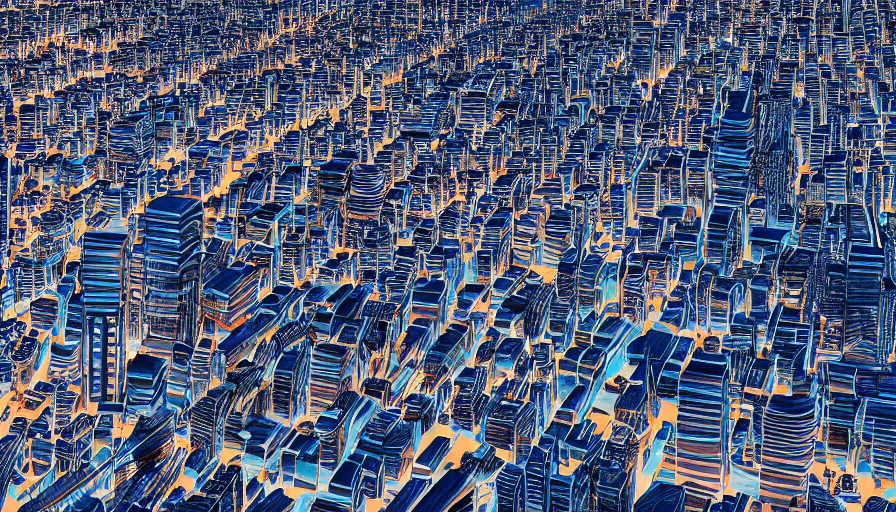 Image similar to Aerial Shot of A city split in different factions, Dytopia, Digital Art, Rendering, Hyperdetailed, Smooth Gradients, 100mm, Anamorphic Lens, Realistic Lighting, High Resolution