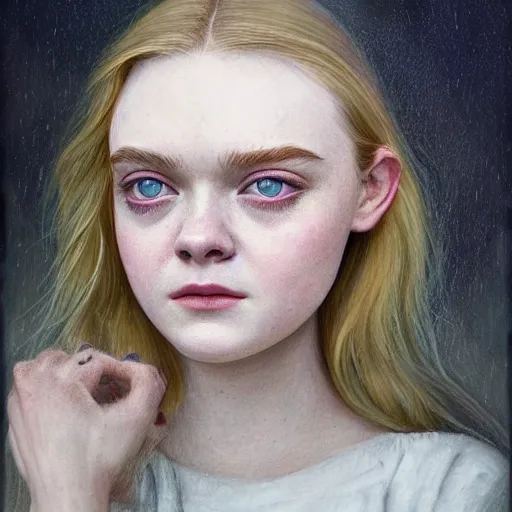 Prompt: professional painting of Elle Fanning in the style of Andrea Kowch, head and shoulders portrait, symmetrical facial features, smooth, sharp focus, illustration, intricate, stormy weather, extremely detailed masterpiece,