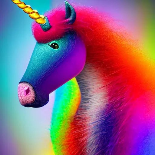 Image similar to full body pose, hyperrealistic photograph of a cute fuzzy rainbow unicorn, dim volumetric lighting, 8 k, octane beautifully detailed render, extremely hyper detailed, intricate, epic composition, cinematic lighting, masterpiece, trending on artstation, very very detailed, stunning, hdr, smooth, sharp focus, high resolution, award, winning photo, dslr, 5 0 mm