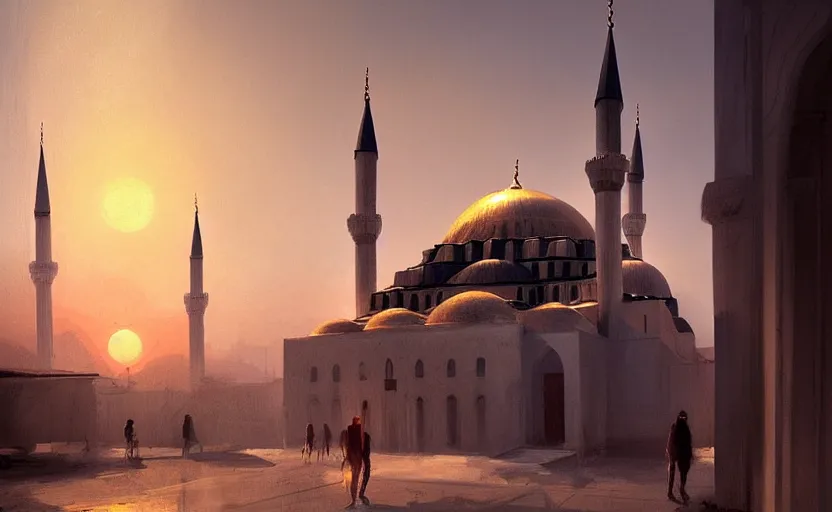 Prompt: painting of a mosque in instanbul at sunset, natural light, concept art, by greg rutkowski, cozy atmospheric and cinematic lighting