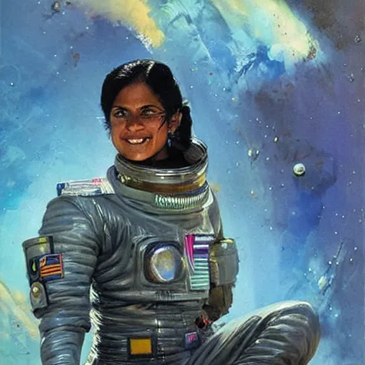 Image similar to a female space cadet from india, resting after a hard mission, happily tired, sci fi character portrait by John Berkey