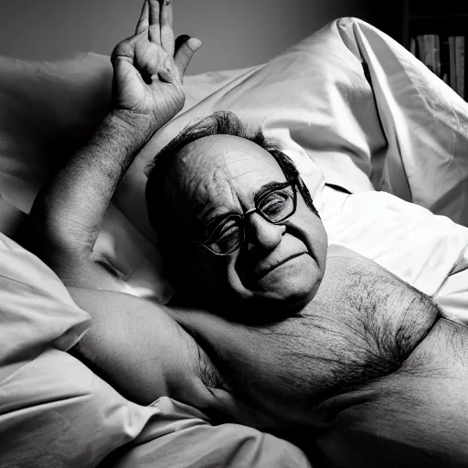 Image similar to Danny DeVito laying on a bed playing with his didgeridoo, cinematic, studio light, 8K,