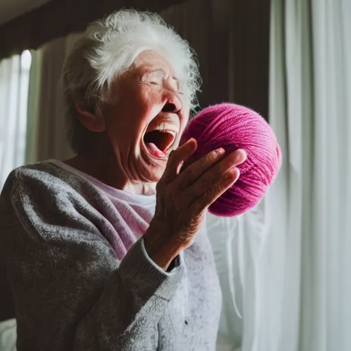 Image similar to elderly woman screaming at a ball of yarn, canon eos r 3, f / 1. 4, iso 2 0 0, 1 / 1 6 0 s, 8 k, raw, unedited, symmetrical balance, wide angle