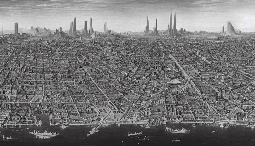 Image similar to planetary city of san francisco by ansel adams and bernardo bellotto