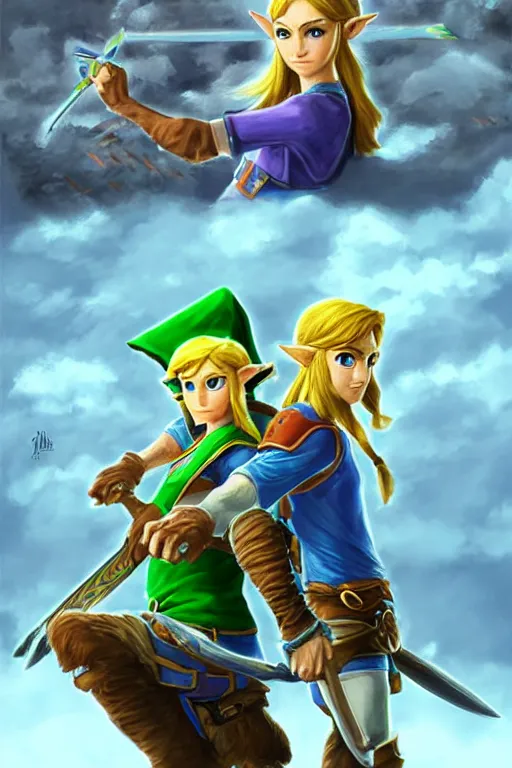 Image similar to Zelda and Link, digital painting, highly detailed, artstation, concept art, illustration,