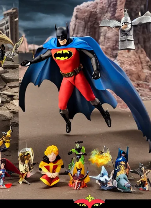 Image similar to Jesus vs the Batman in the flying sandals of salvation action figures toy pack