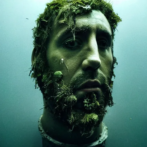 Image similar to Award-winning photograph by Mar Mann. The photo depicts a decaying roman bust of Nicolas Cage overgrown with moss at the bottom of the sea. Minimalism, high definition, perfect composition. Deep sea picture. Very dark. Volumetric Lighting. Fish. Darkness. Ruins