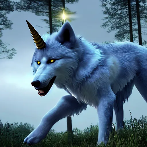 Image similar to a giant blue wolf with a white main and two unicorn horns, a white star shape on its forehead, yellow eyes, beautiful, ultra realistic, great wolf, unreal engine 5, dynamic lighting, highly detailed, lightning around