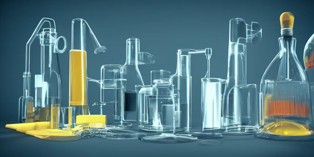 Image similar to instruments being used to mix chemicals, scientist, blender, 3d, apartment