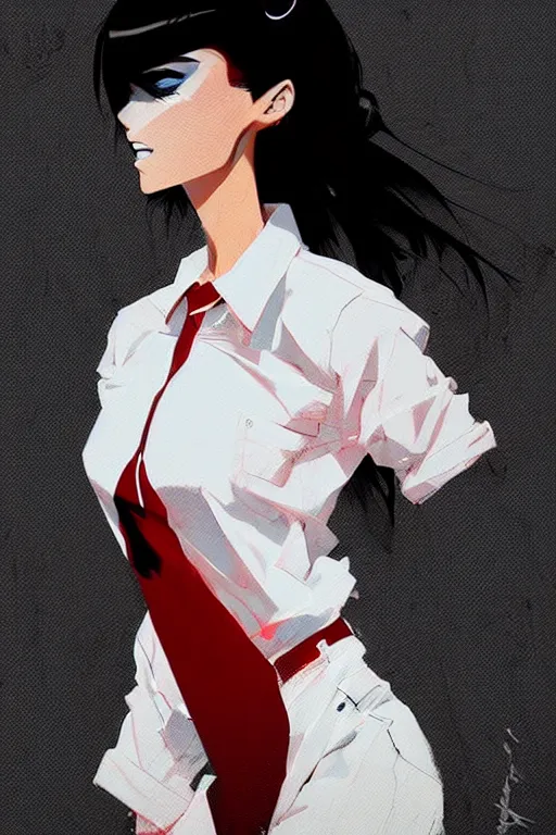 Image similar to a ultradetailed beautiful panting of a stylish woman wearing a shirt with a tie, she has black hair, by conrad roset, greg rutkowski and makoto shinkai, trending on artstation