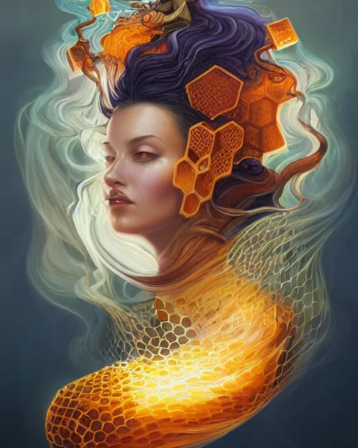 Prompt: portrait of a Beekeeper priestess with a honeycomb blouse and flowing liquid smoke hair, swirling petal storm, radiant light, peter mohrbacher, artgerm