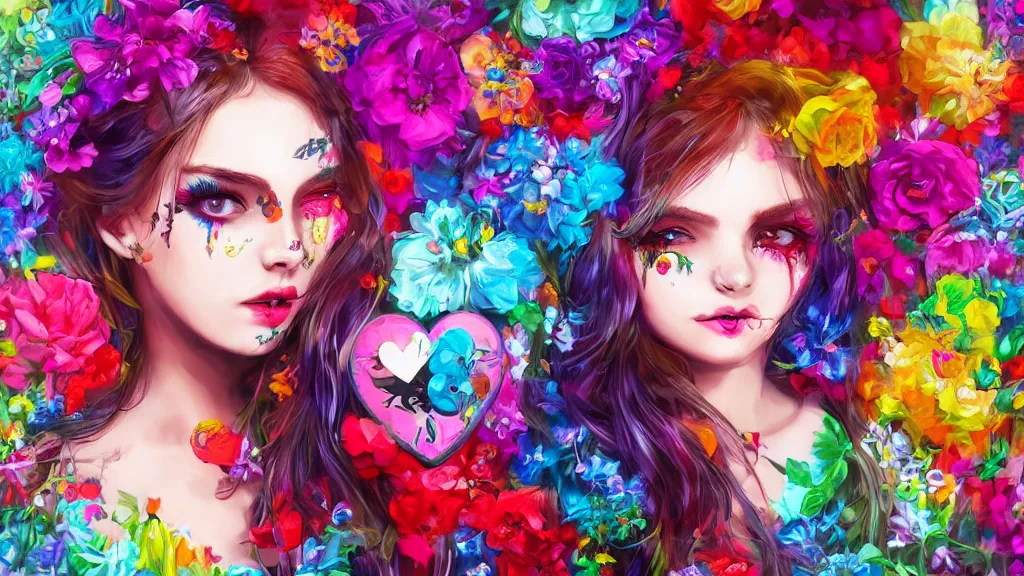 Image similar to stunning colorfull mixed media art, gotic stunning girl, flowers, heart symbol, skulls, art by cgsociety, 8 k, high resolution