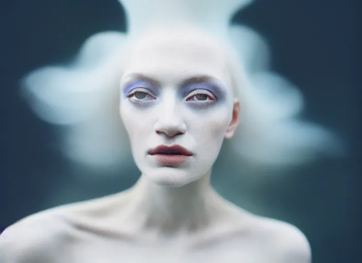 Image similar to cinestill 5 0 d photo portrait of a beautiful hybrid with woman face in style of paolo roversi by roberto ferri, weird marble body, white hair floating in air, 1 5 0 mm lens, f 1. 2, ethereal, emotionally evoking, head in focus, bokeh, volumetric lighting, matt colors outdoor