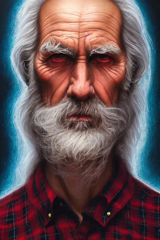 Image similar to an old man wear plaid red shirt + long grey hair + no beard is the man who know everything in the universe by karol bak, james jean, tom bagshaw, rococo, sharp focus, trending on artstation, cinematic lighting, hyper realism, octane render, 8 k, hyper detailed, vivid, ultra detailed, highly detailed