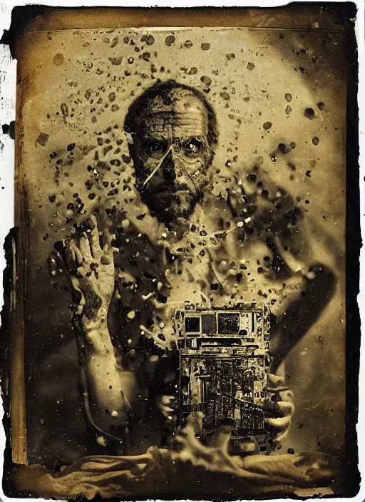 Prompt: old wetplate daguerreotype portrait of a mad man, explosion of data fragments, fractal, intricate, elegant, highly detailed, parallax, leica, medium format, subsurface scattering, by jheronimus bosch and greg rutkowski and louis jacques mande daguerre