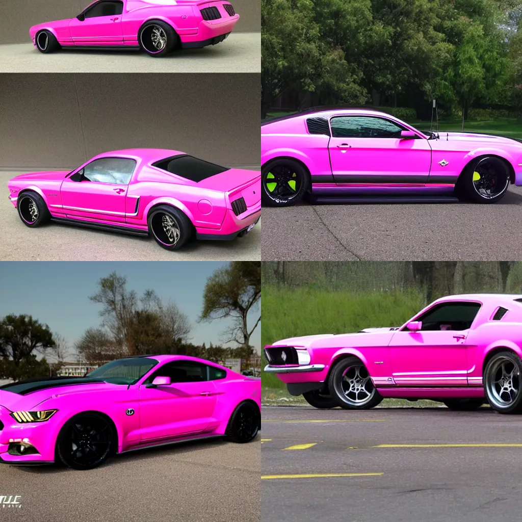 Prompt: pink ford mustang with spider legs instead of wheels