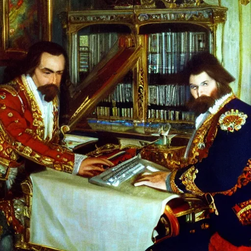 Prompt: russian tsar Peter The Great 18th century installs operating system on desktop computer by vasnetsov and surikov serov, JEAN-VICTOR BERTIN, by Terence Cuneo, detailed, artfully traced, 4k resolution, cinematic, dramatic