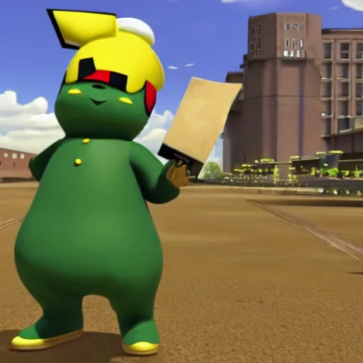 Image similar to A photorealistic green tin soldier from Team Fortress 2 saluting to Ash's Pikachu. Pikachu is drawn in an anime style and its head is replaced with the Heavy's head from Team Fortress 2. Pikachu is also happily saluting back at the tin soldier