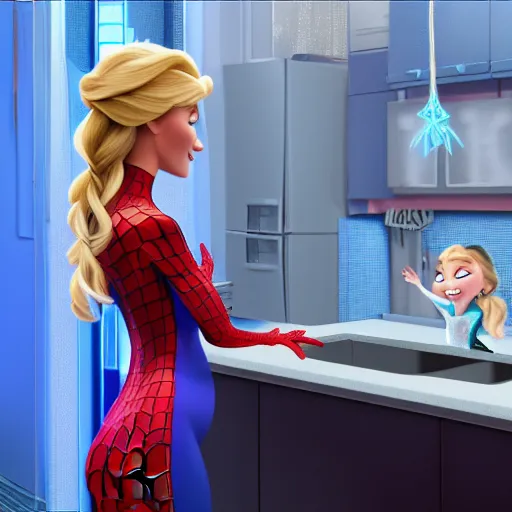 Prompt: spiderman and pregnant princess elsa talking in the kitchen, into the spiderverse cinematic render, ( 2 0 1 8 ) sony animation official media, clear details, award winning, blue gown, third trimester