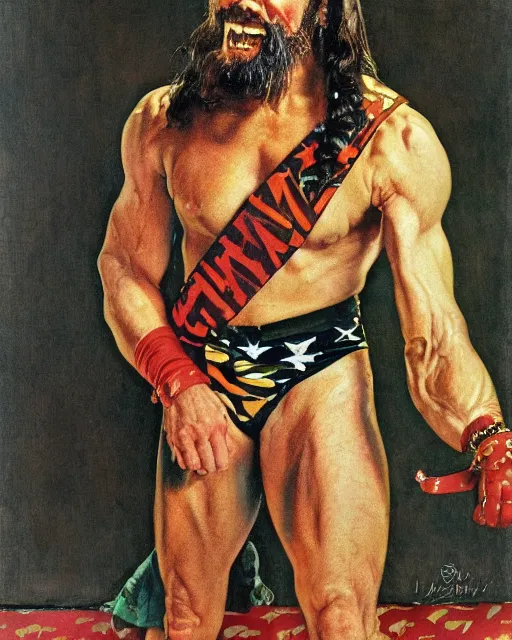 Prompt: a portrait of macho man randy savage painted by norman rockwell, highly detailed