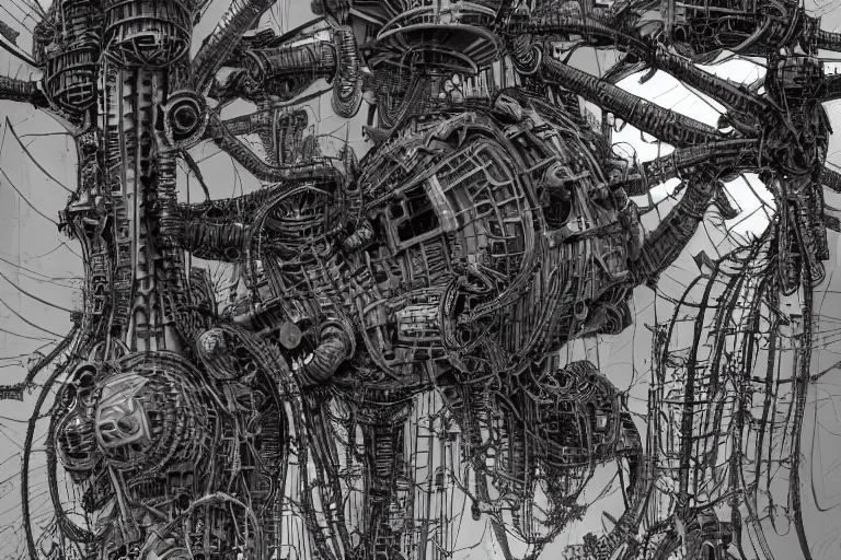 Image similar to dieselpunk huge robotic dragonfly, inside an gigantic underground concrete doom hangar, interior structure, drains, storm drains, jungle, vines, algea, cables, panels, walls, ceiling, floor, doors, brutalist architecture, intricate ink drawing, highly detailed in the style of Ashley Wood, moebius and Tsutomu Nihei, photorealistic, cinematic, intricate detail, well lit,