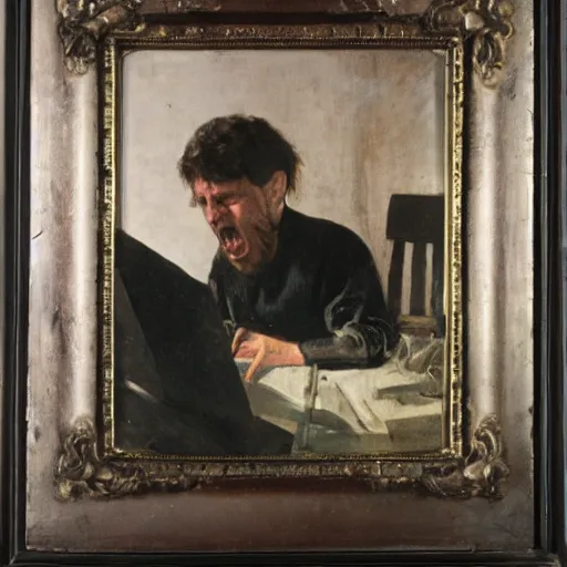 Image similar to an angry man yells at his computer monitor, oil on canvas, 1 8 8 3, highly detailed