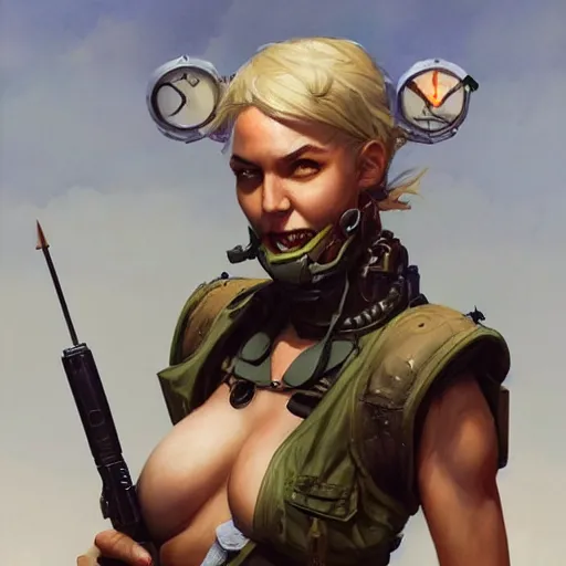 Image similar to tank girl, fantasy, portrait, highly detailed, waist up, low camera angle, digital painting, trending on artstation, concept art, sharp focus, illustration, art by artgerm and greg rutkowski and magali villeneuve