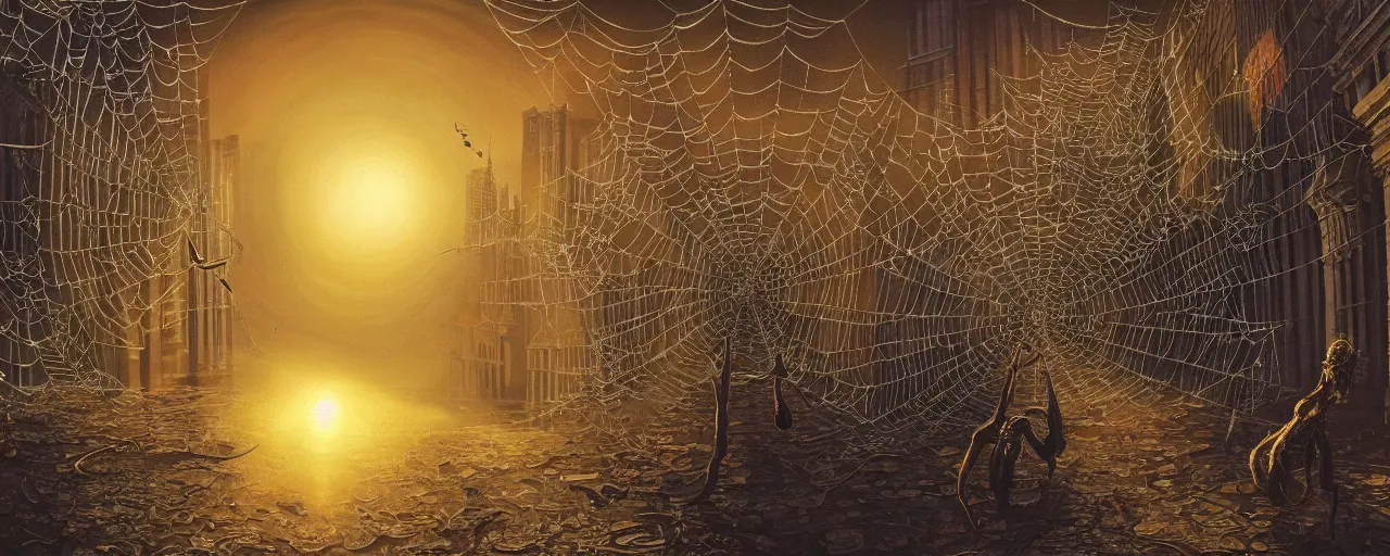 Prompt: Spider stealing past softly through the shadow of the evening sun, background of windows of the blissfully dead, a tangle of spider webs, surrealistic, fisheye, dark, matte painting by Jeffrey Smith and Dan Mumford and Ernst Haeckel, trending on artstationhq, 4k HDR