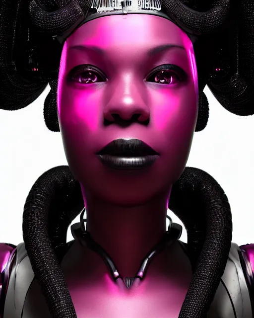 Image similar to portrait of a beautiful black woman with pink hair as a cyberpunk cyborg half robot, revealing wires and electronics, sci - fi, missing panels, intricate abstract upper body intricate artwork, concept art, octane render, deviantart, cinematic, key art, hyperrealism, iridescent accents, portrait photograph, nikon 3 5 mm, photograph by greg rutkowski