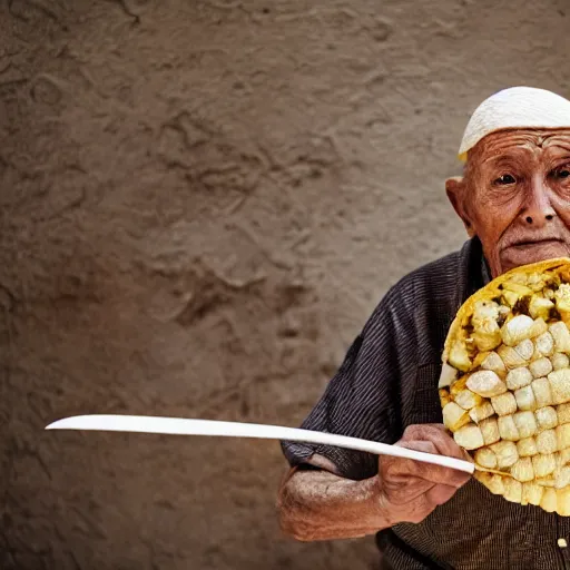 Prompt: an elderly man wearing a mask made from a tortilla, holding a sword made from elote, driving a corn cob car, bold natural colors, national geographic photography, masterpiece, 8 k, raw, unedited, symmetrical balance