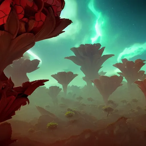 Image similar to an epic flowering alien landscape in the style of origami, 8 k, cinematic light, artstation