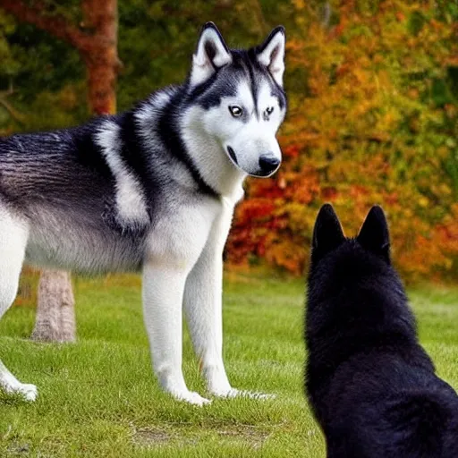 Prompt: a husky wearing a red shirt looks into a mirror and sees a majestic black wolf with golden eyes