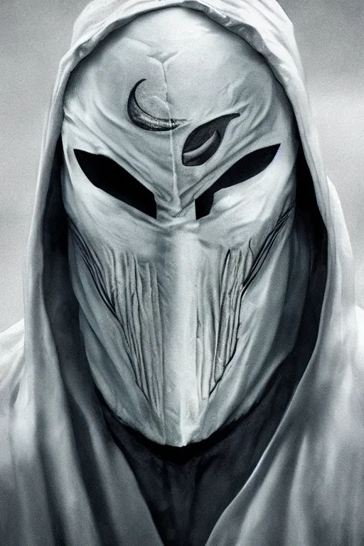 Image similar to characters portrait of Moon Knight mixed with Ghostface by Alyssa Monks, full-shot, merged character, Full body shot, cinematic opening shot, 4k, highly detailed, cinematic lighting