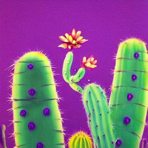 Prompt: a purple cactus. a green raven. in the future