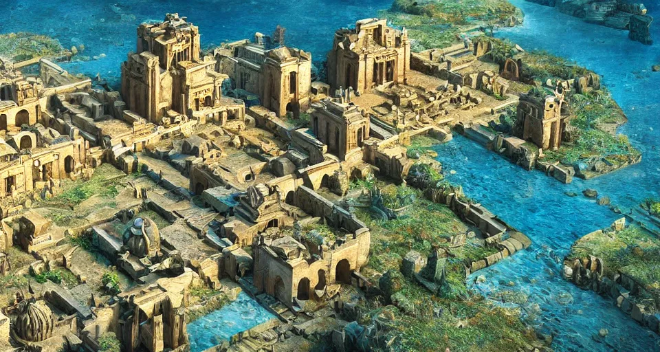 Prompt: ancient city of atlantis with big buildings in gold, overgrown, fantasy, magical, cinematic, establishing shot, atmospheric lighting, extremely detailed, intricate, sharp focus, coherent