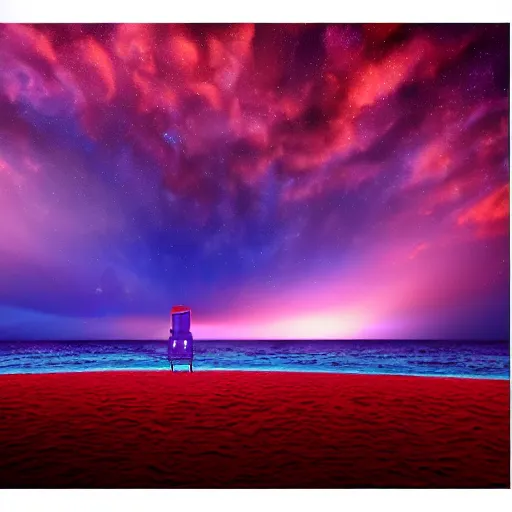 Image similar to purple refrigerator on red beach, nebula sunset, digital art, cosmic, 3 d high definition, trending on art station, photorealistic, high resolution, 8 k, octane, hyper detailed, insane details, intricate, elite, ornate, elegant trend, highly detailed and intricate, sharp focus, photography, unreal engine