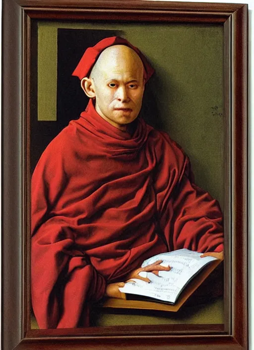 Image similar to a portrait of a monk using his mainframe by Jan van Eyck