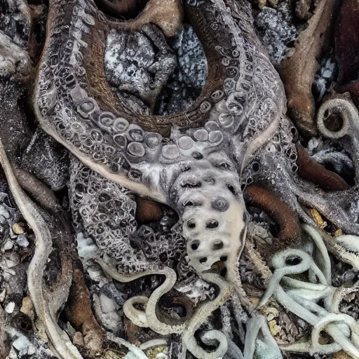 Image similar to an octopus made out of decaying human skeleton, beautiful underwater nature photograph with dynamic lighting and murky water