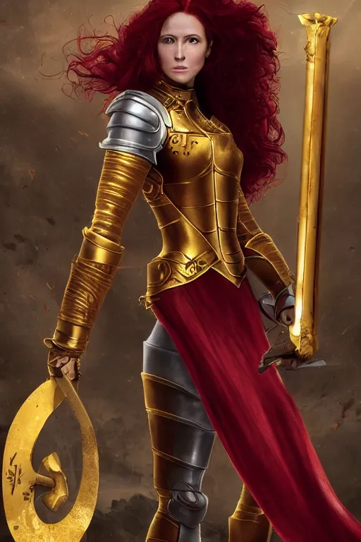 Image similar to a tall, red - haired female knight wearing golden armor and a right golden prosthetic arm, longer than her left arm. she wields a long golden blade
