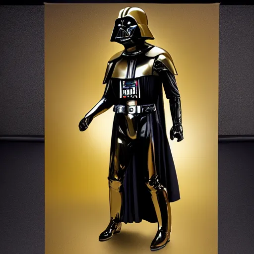 Prompt: A still of a golden Darth Vader suit, studio image,