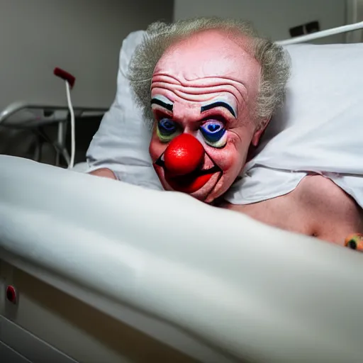 Prompt: crazy elderly clown supine in hospital bed, strapped into bed with restraints, trying to get out but unsuccessful, photograph, 8 k