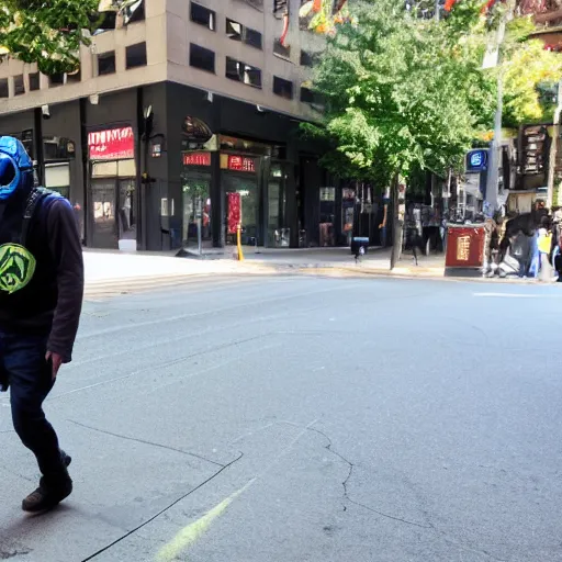 Image similar to man in a gasmask screaming walking down the streets of seattle, sunlight, sunny day, smoke, full shot