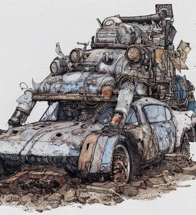 Image similar to a watercolor ink painting of a post - apocalyptic mad max / fallout style tank in the style of jean giraud in the style of moebius trending on artstation deviantart pinterest detailed realistic hd 8 k high resolution