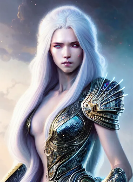 Image similar to iridescent armor!!! long wild white hair!! covered chest!!! fantasy, d & d, intricate ornate details, digital painting, pretty face!!, symmetry, concept art, sharp focus, illustration, art by artgerm! greg rutkowski magali villeneuve wlop! ilya kuvshinov!!, octane render