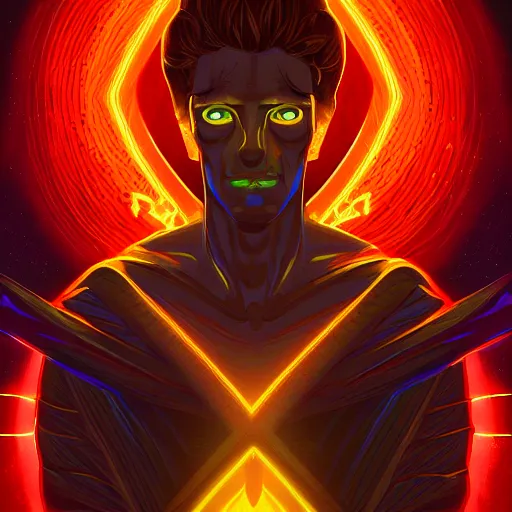 Prompt: symmetry!! concept art, art by dan mumford!!, full shot, of a male angel, smooth, glowing lights, digital painting, sharp focus, illustration