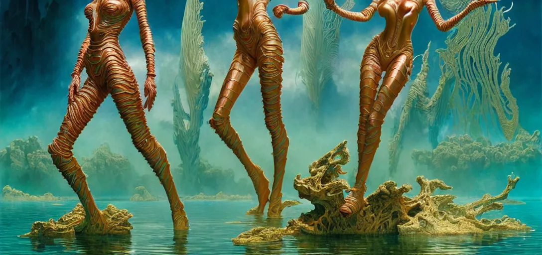 Prompt: beautiful alien women wearing ornate plastic armor bathing in a luminous lake in the style of roger dean and alberto vargas and stefan kostic, realistic, photoreal, sharp focus, 8 k high definition, insanely detailed, intricate, elegant, art by greg rutkowski and artgerm, extreme blur coral reef background