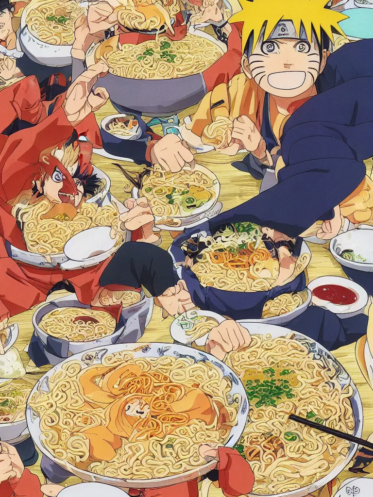 Image similar to a color manga comic page illustration of naruto eating progressively large bowls of ramen. his mood is one of delicious bliss and the sense of the image is excitement. the image is illustrated in high colorful detail by masashi kishimoto and is very very very detailed.