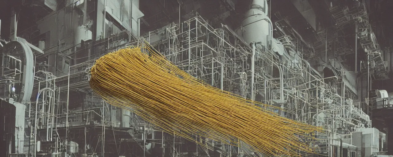 Prompt: a nuclear power plant made out of spaghetti, in a new jersey suburb, canon 5 0 mm, cinematic lighting, photography, retro, film, kodachrome