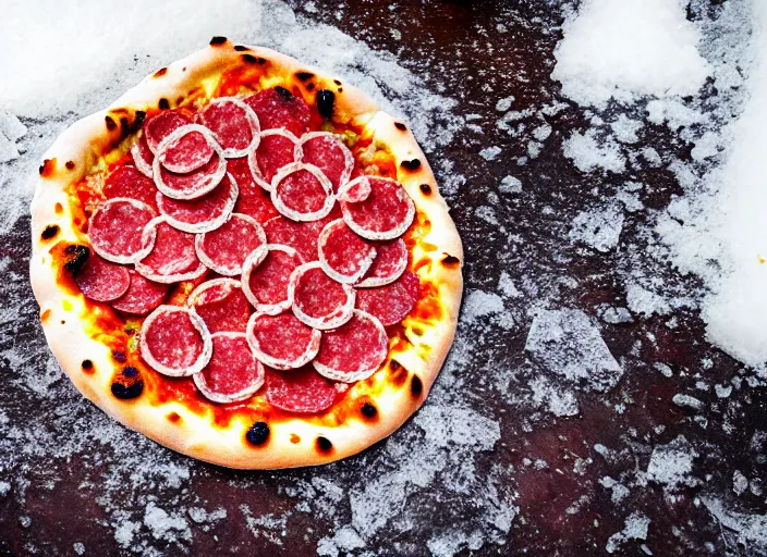 Prompt: clear highly detailed photorealistic food photograph of a wood oven cooked pizza half frozen in ice with salami pepperoni lying in the snow