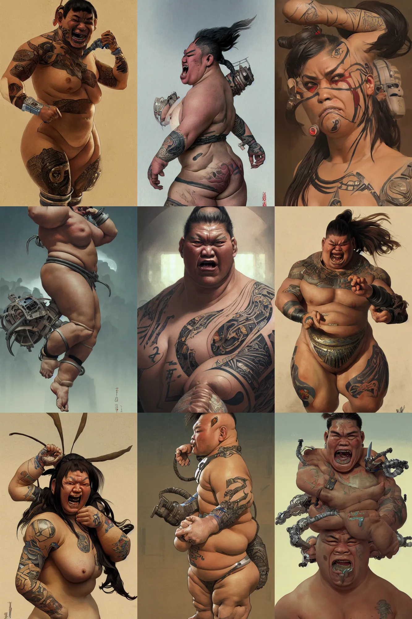 Prompt: Ultra realistic illustration, cyborg sumo wrestler with tattoos screaming, sci-fi, fantasy, highly detailed, digital painting, artstation, concept art, smooth, sharp focus, illustration, art by greg rutkowski and alphonse mucha